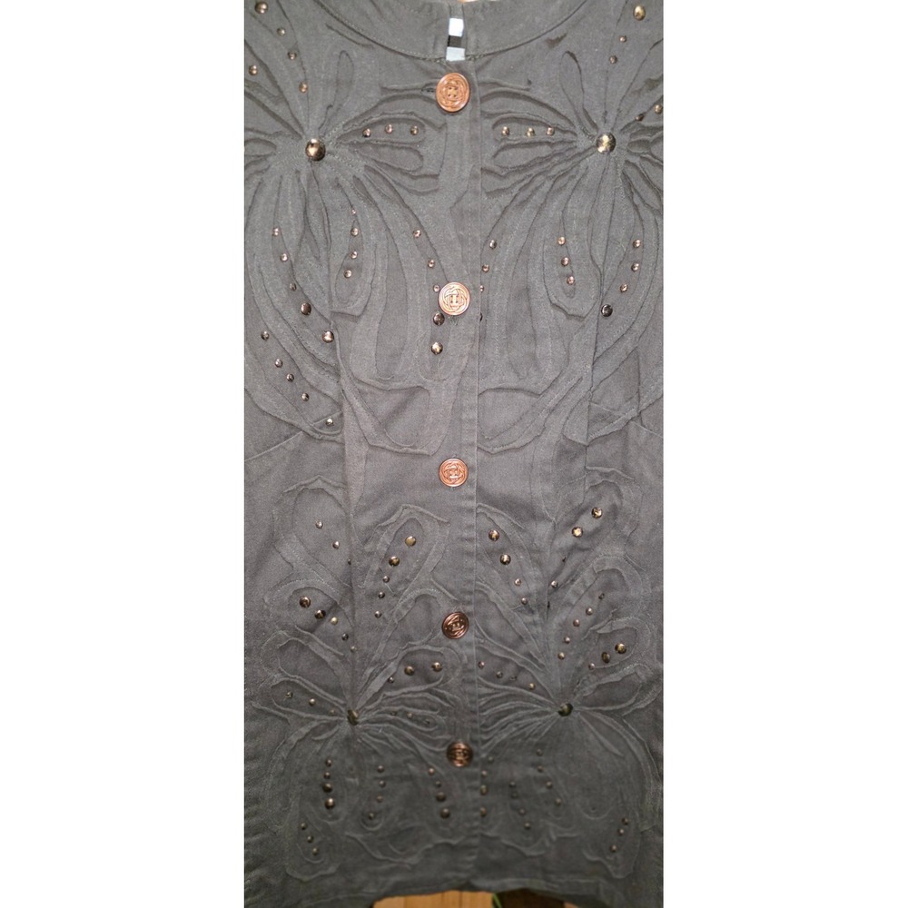 Liz & Me Womens 2X Green Cotton Butterfly Applique Studded Button Front Jacket - Picture 2 of 4